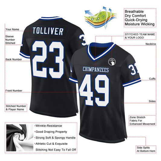 Custom Black White-Royal Mesh Authentic Throwback Football Jersey - Sky-Custom