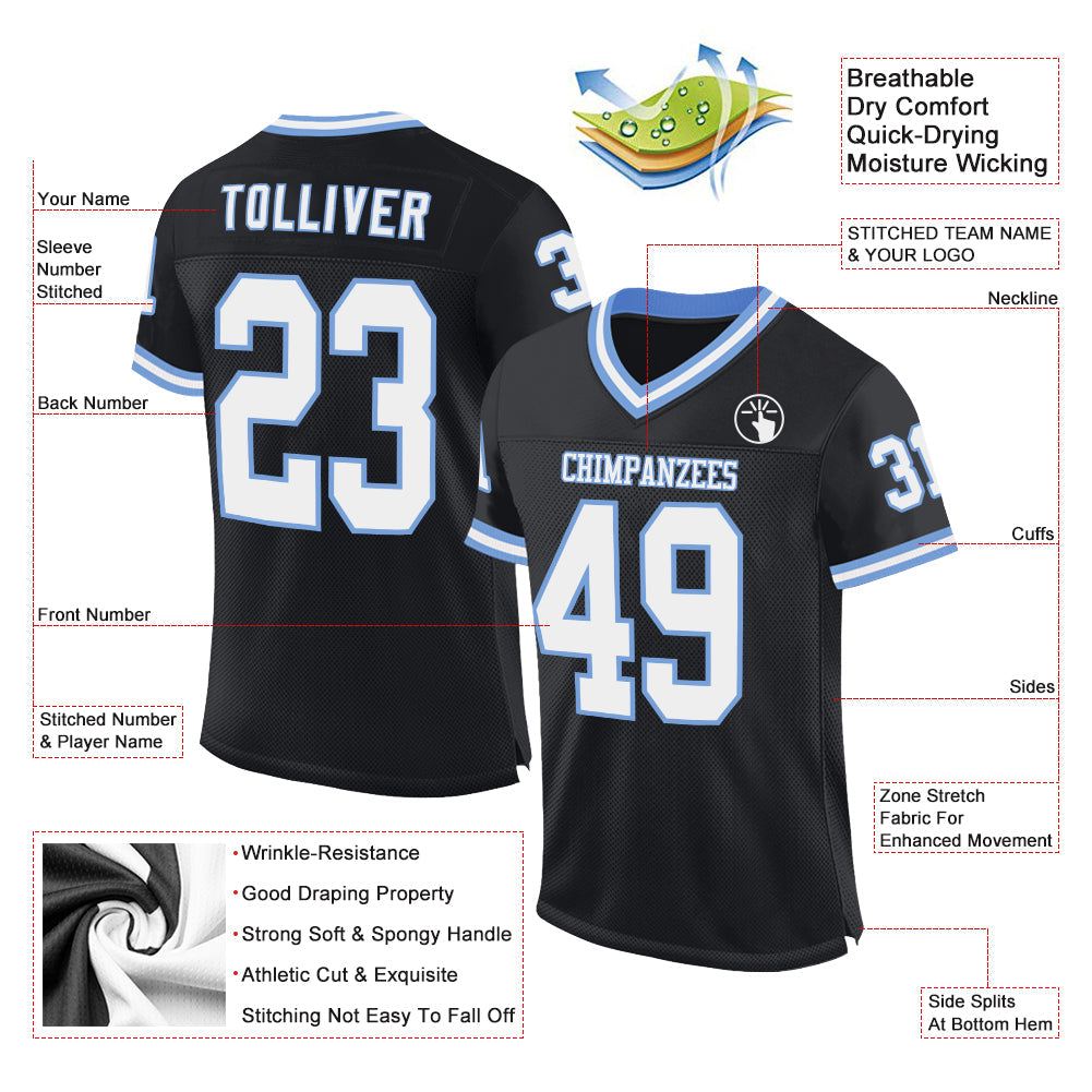 Custom Black White-Light Blue Mesh Authentic Throwback Football Jersey - Sky-Custom