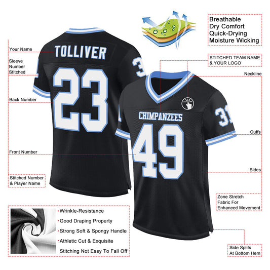 Custom Black White-Light Blue Mesh Authentic Throwback Football Jersey - Sky-Custom