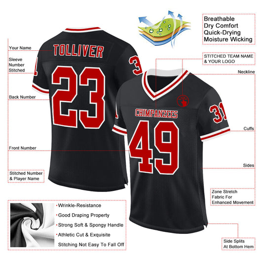 Custom Black Red-White Mesh Authentic Throwback Football Jersey - Sky-Custom