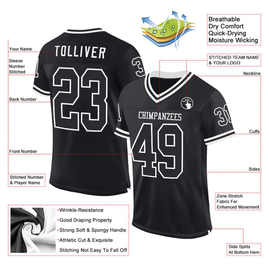 Custom Black White Mesh Authentic Throwback Football Jersey - Sky-Custom