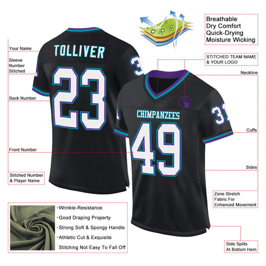Custom Black Purple-Teal Mesh Authentic Throwback Football Jersey - Sky-Custom