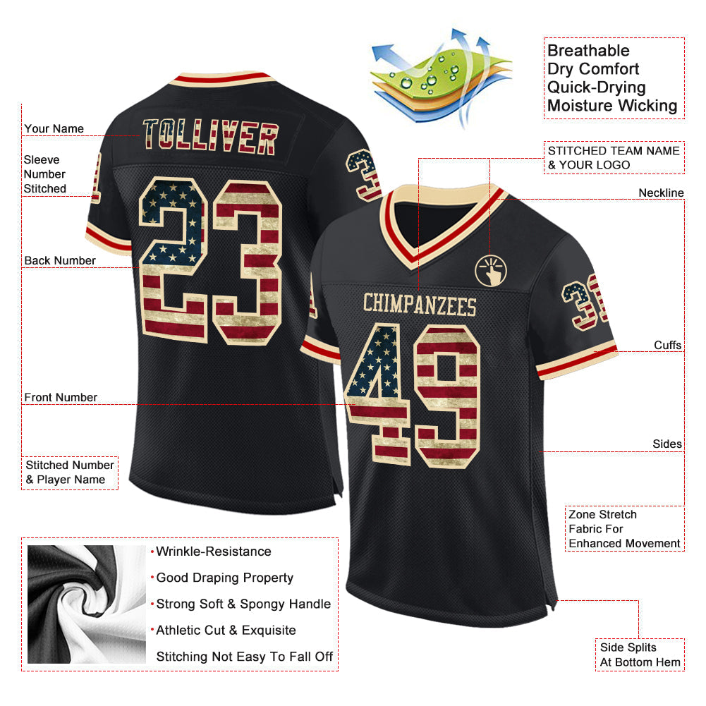 Custom Black Vintage USA Flag Cream-Red Mesh Authentic Throwback Football Jersey - Sky-Custom