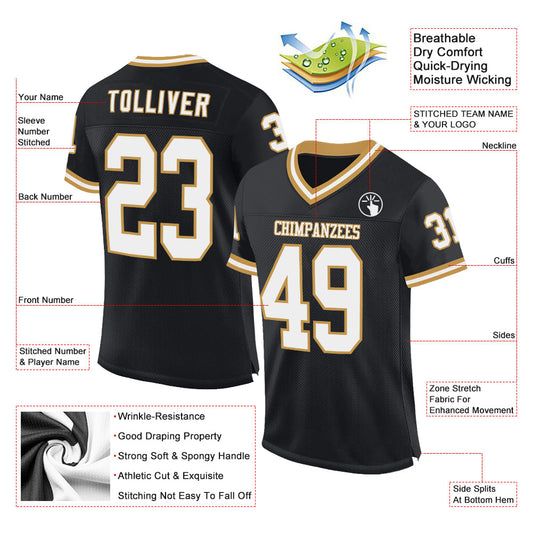 Custom Black White-Old Gold Mesh Authentic Throwback Football Jersey - Sky-Custom