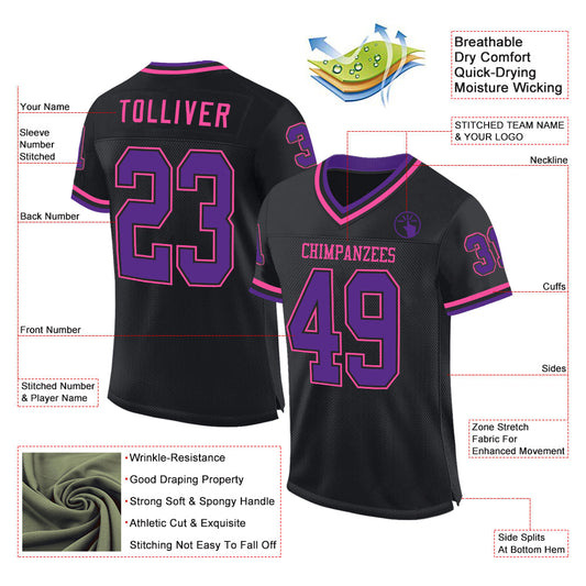 Custom Black Purple-Pink Mesh Authentic Throwback Football Jersey - Sky-Custom
