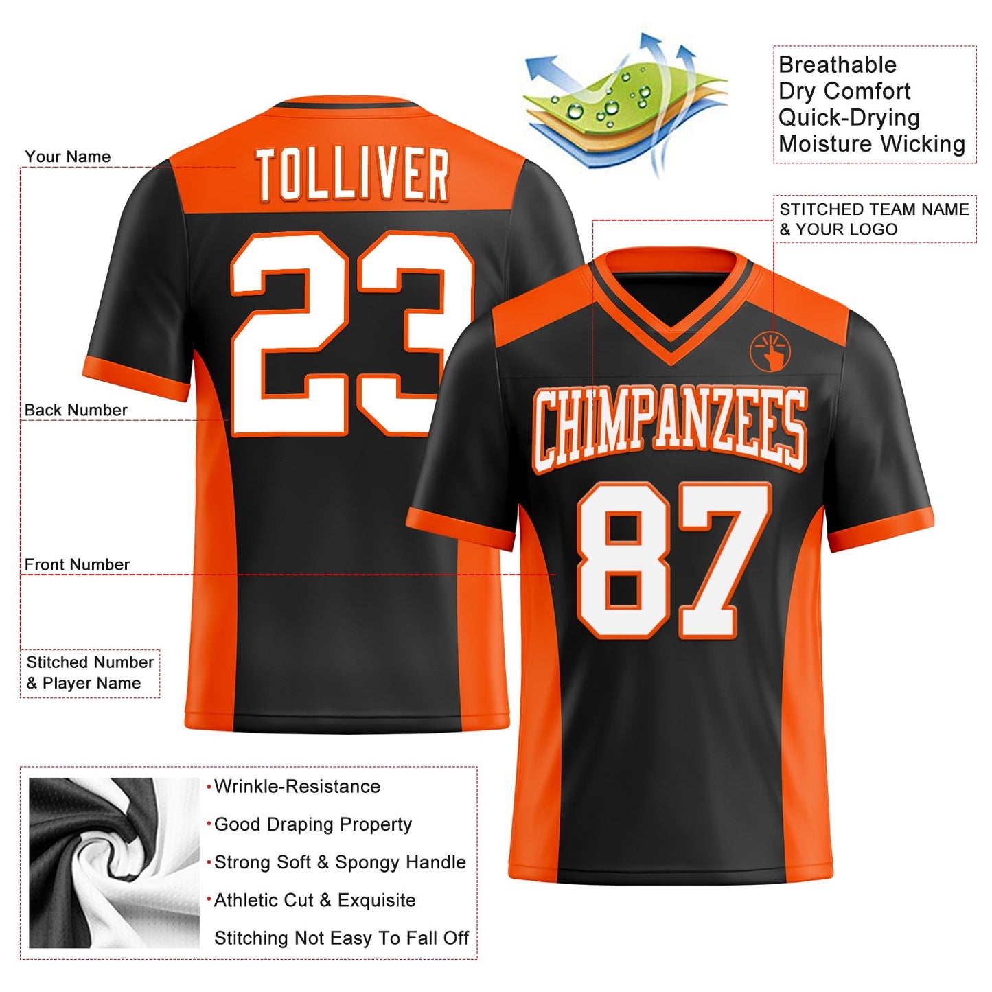 Custom Black White-Orange Mesh Authentic Football Jersey - Sky-Custom