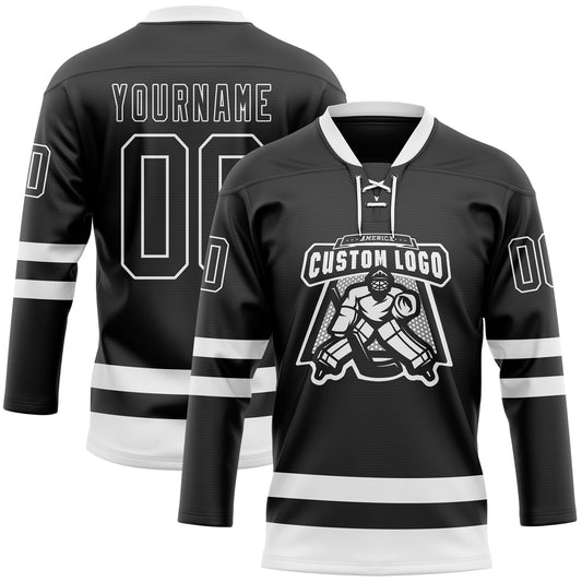 Custom Black White Hockey Lace Neck Jersey - Sky-Custom