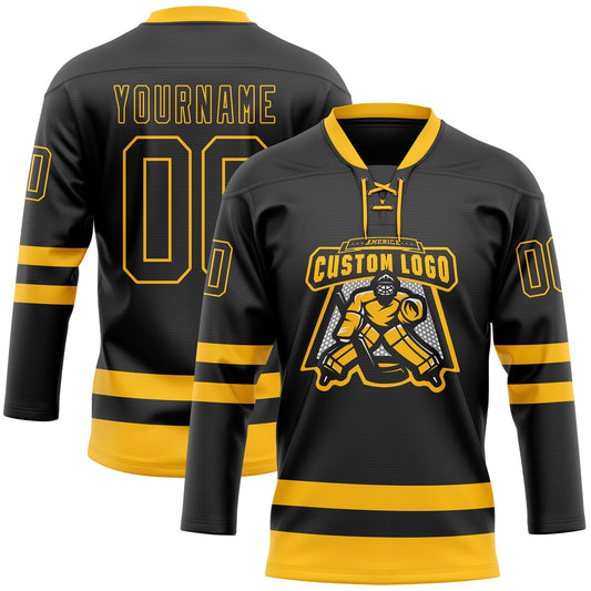 Custom Black Gold Hockey Lace Neck Jersey - Sky-Custom