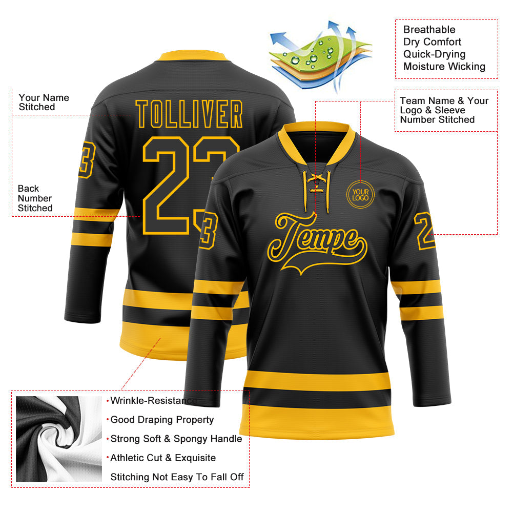 Custom Black Gold Hockey Lace Neck Jersey - Sky-Custom