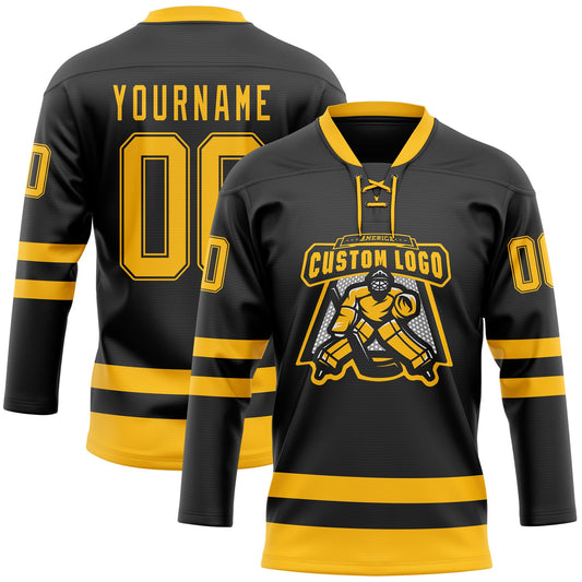 Custom Black Gold Hockey Lace Neck Jersey - Sky-Custom
