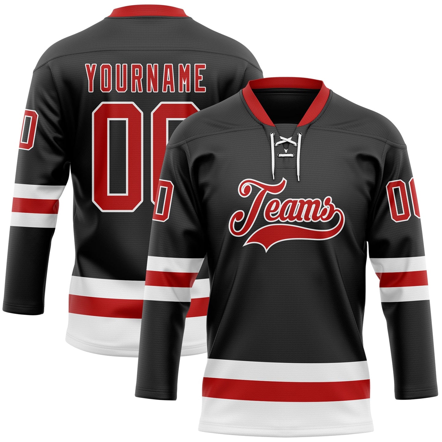 Custom Black Red-White Hockey Lace Neck Jersey - Sky-Custom