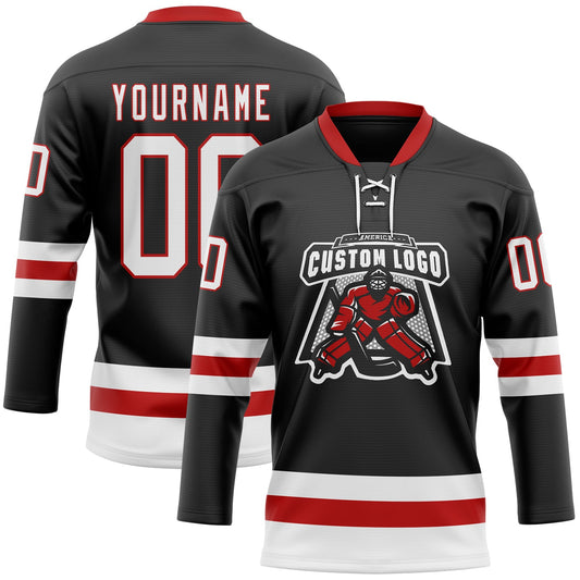 Custom Black White-Red Hockey Lace Neck Jersey - Sky-Custom