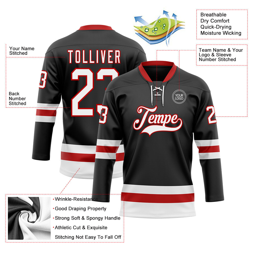 Custom Black White-Red Hockey Lace Neck Jersey - Sky-Custom