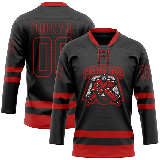 Custom Black Red Hockey Lace Neck Jersey - Sky-Custom