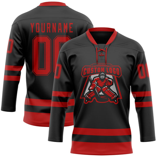 Custom Black Red Hockey Lace Neck Jersey - Sky-Custom