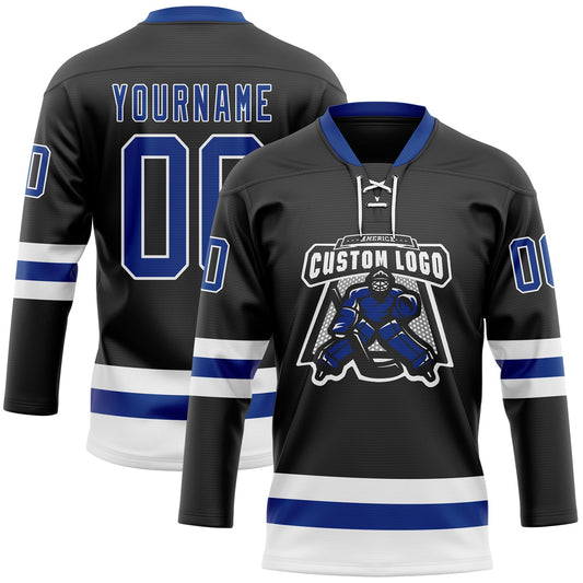 Custom Black Royal-White Hockey Lace Neck Jersey - Sky-Custom
