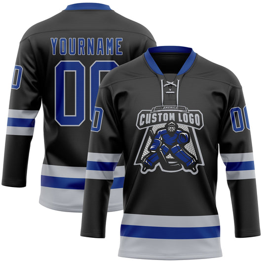 Custom Black Royal-Gray Hockey Lace Neck Jersey - Sky-Custom