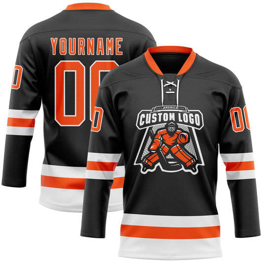 Custom Black Orange-White Hockey Lace Neck Jersey - Sky-Custom