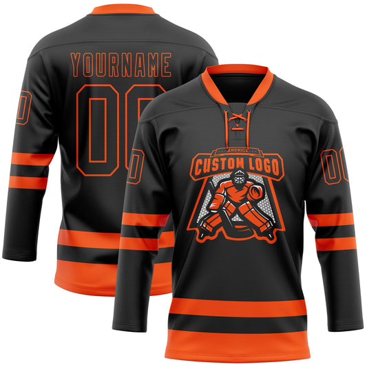 Custom Black Orange Hockey Lace Neck Jersey - Sky-Custom