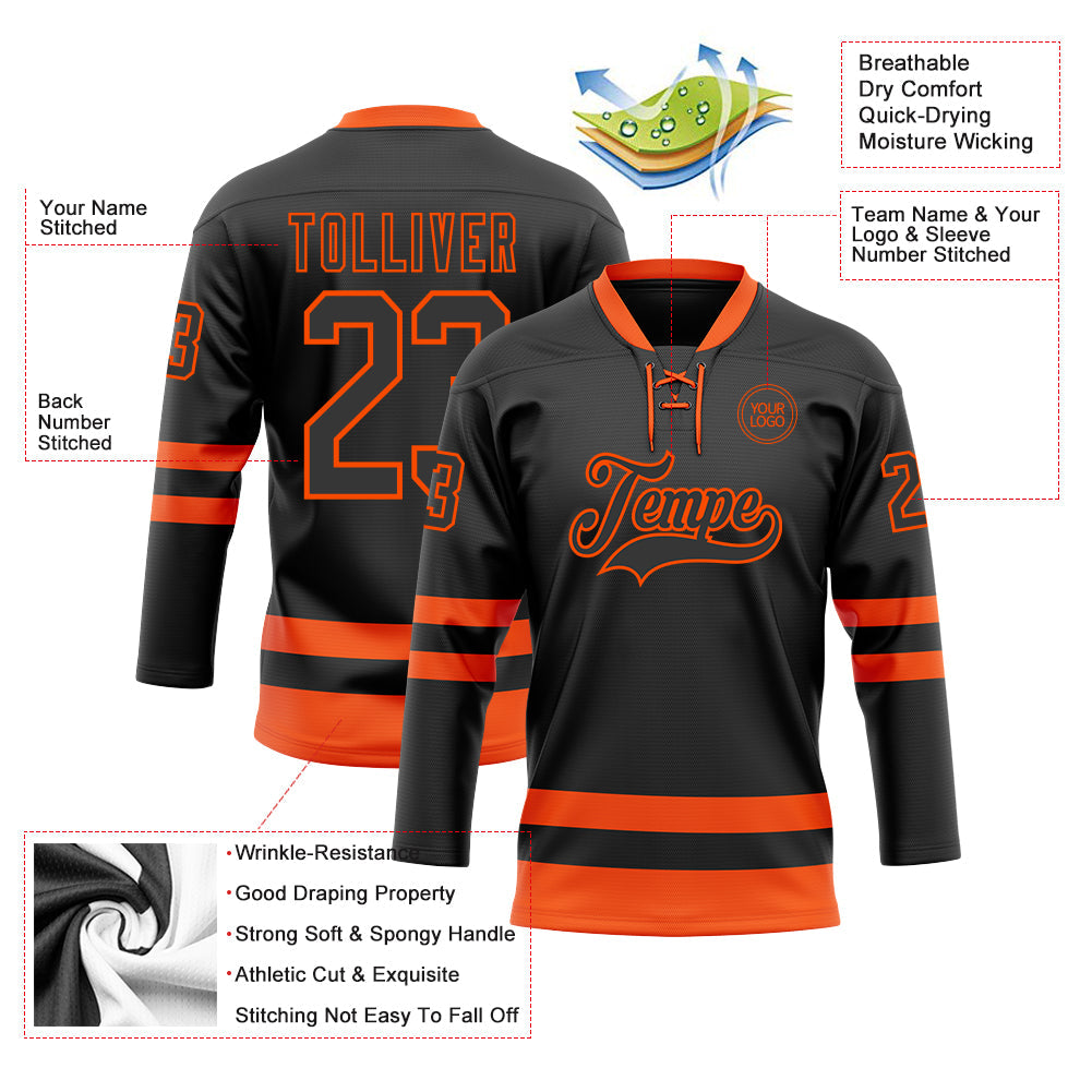 Custom Black Orange Hockey Lace Neck Jersey - Sky-Custom