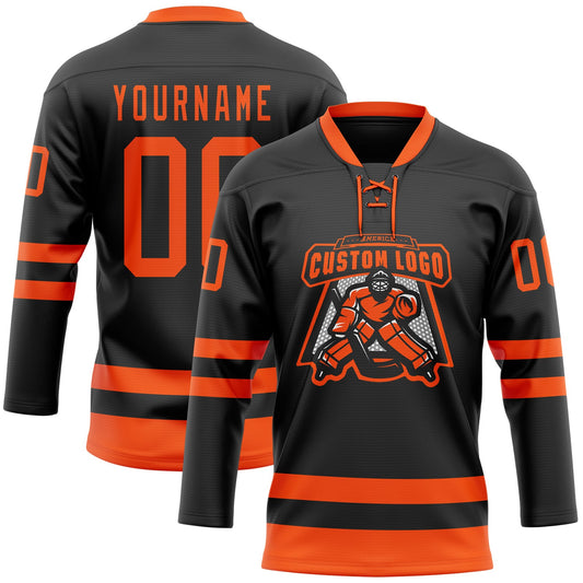 Custom Black Orange Hockey Lace Neck Jersey - Sky-Custom
