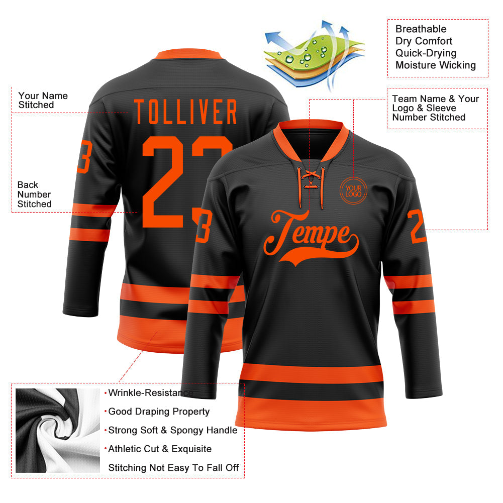 Custom Black Orange Hockey Lace Neck Jersey - Sky-Custom