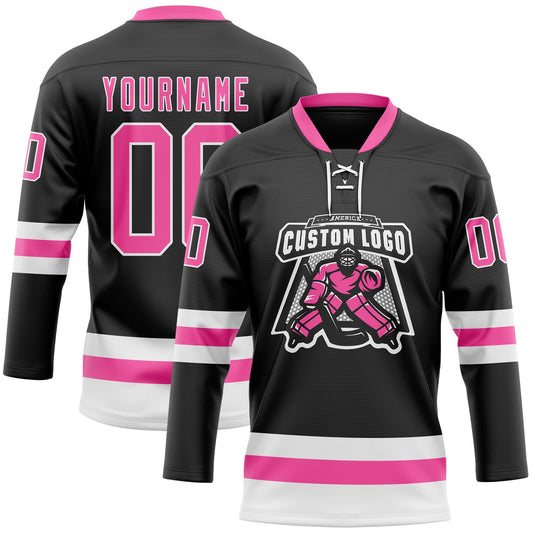 Custom Black Pink-White Hockey Lace Neck Jersey - Sky-Custom