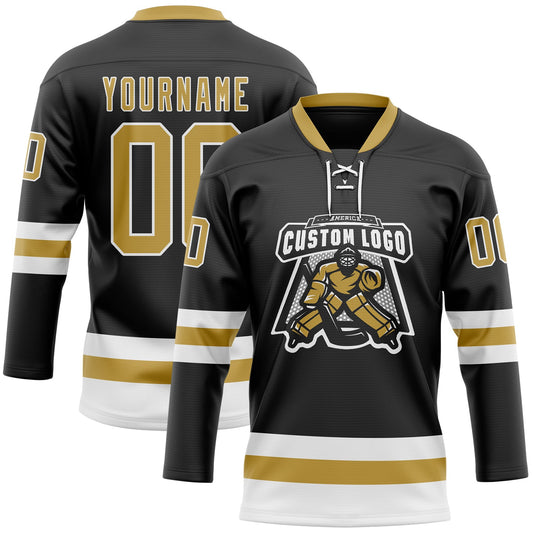 Custom Black Old Gold-White Hockey Lace Neck Jersey - Sky-Custom
