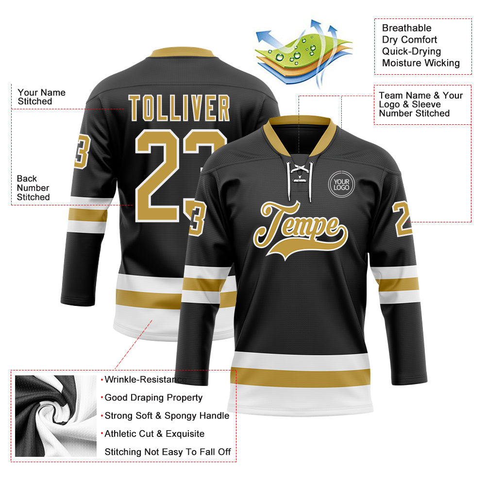 Custom Black Old Gold-White Hockey Lace Neck Jersey - Sky-Custom