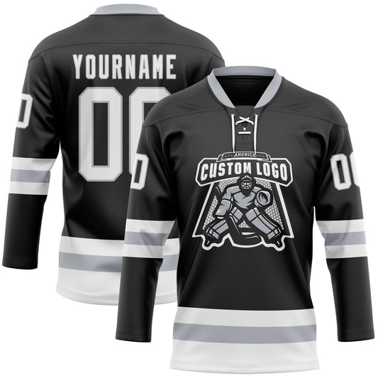 Custom Black White-Gray Hockey Lace Neck Jersey - Sky-Custom