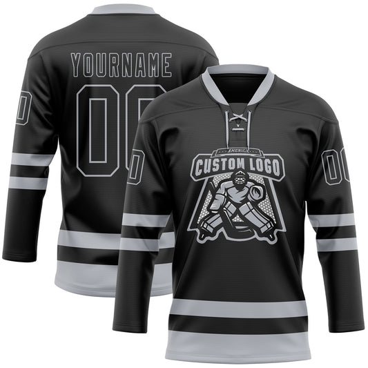 Custom Black Gray Hockey Lace Neck Jersey - Sky-Custom