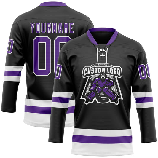 Custom Black Purple-White Hockey Lace Neck Jersey - Sky-Custom