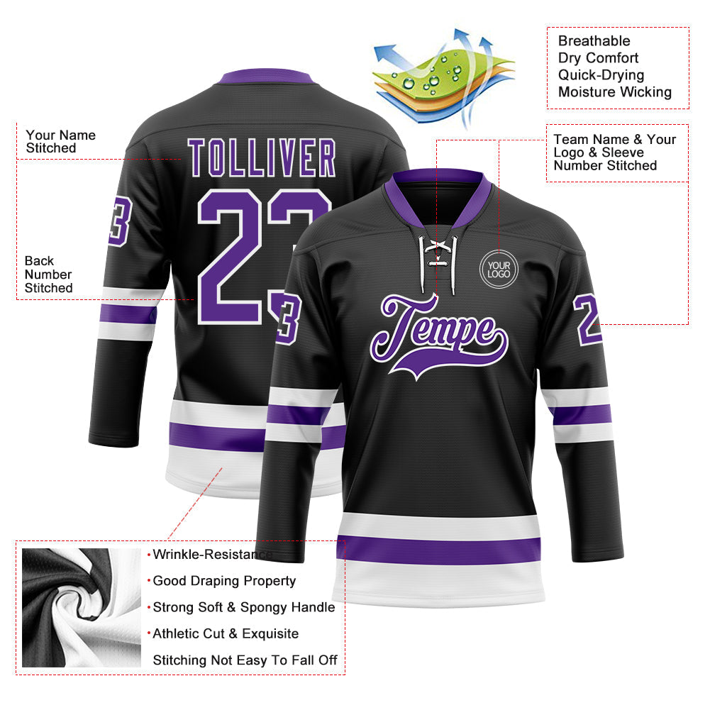 Custom Black Purple-White Hockey Lace Neck Jersey - Sky-Custom