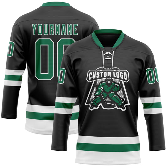 Custom Black Kelly Green-White Hockey Lace Neck Jersey - Sky-Custom