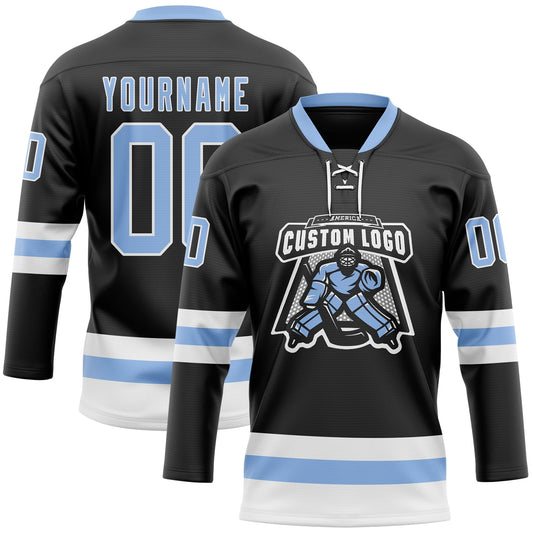 Custom Black Light Blue-White Hockey Lace Neck Jersey - Sky-Custom