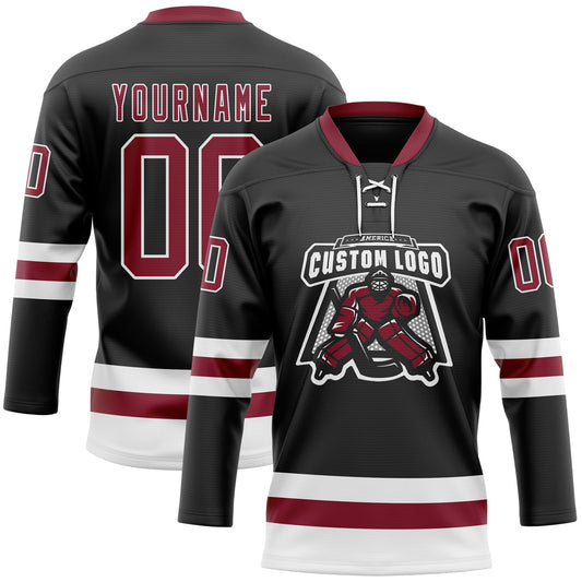 Custom Black Crimson-White Hockey Lace Neck Jersey - Sky-Custom