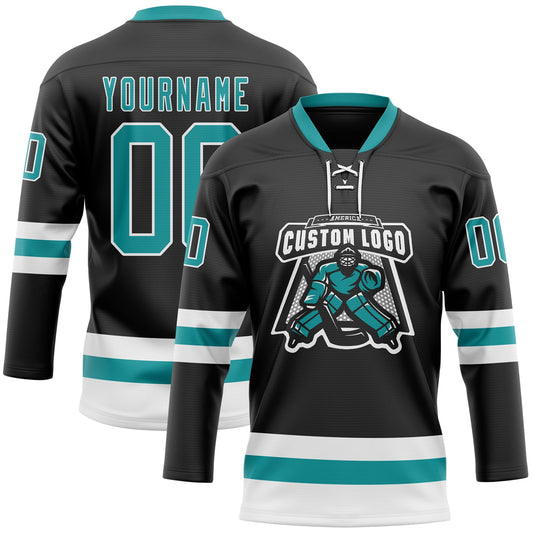 Custom Black Teal-White Hockey Lace Neck Jersey - Sky-Custom