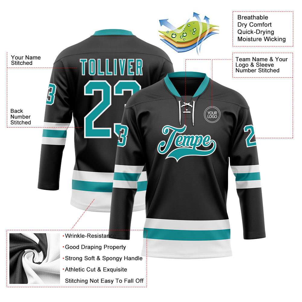 Custom Black Teal-White Hockey Lace Neck Jersey - Sky-Custom
