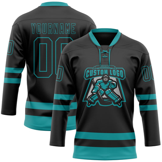 Custom Black Teal Hockey Lace Neck Jersey - Sky-Custom
