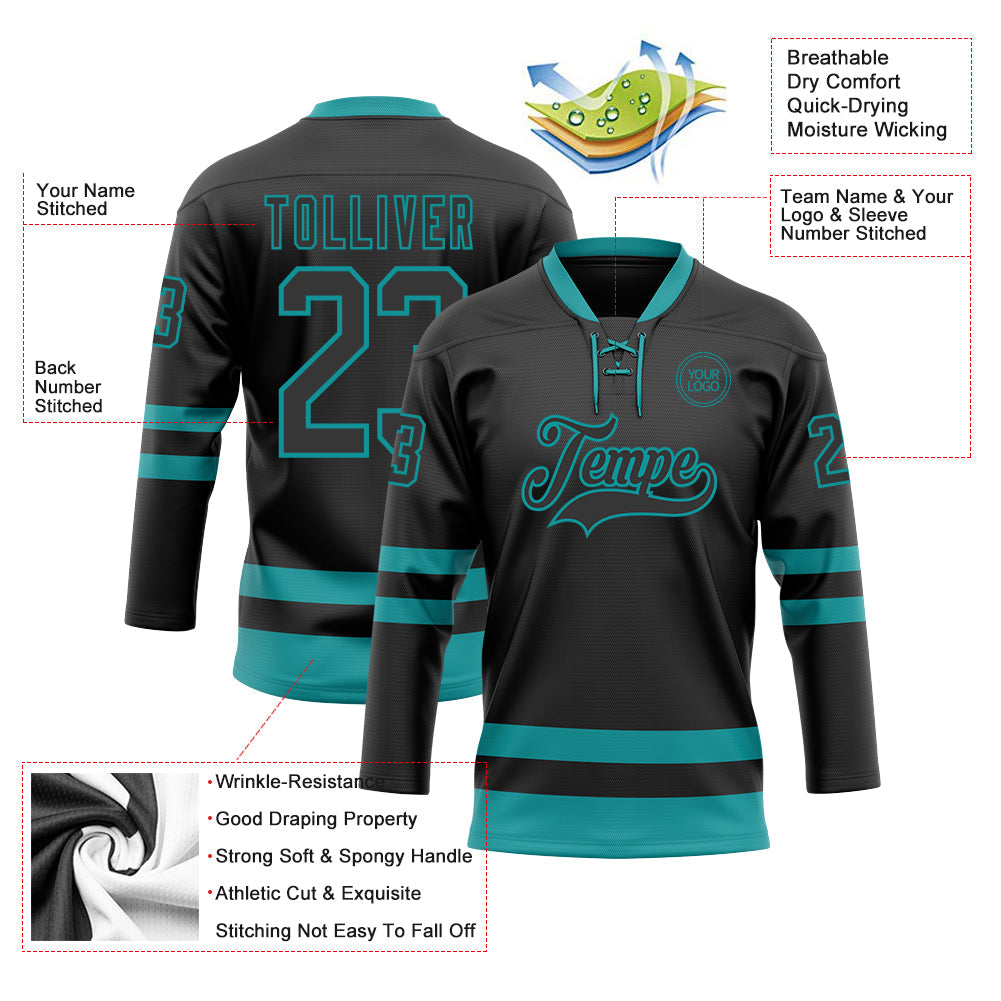 Custom Black Teal Hockey Lace Neck Jersey - Sky-Custom
