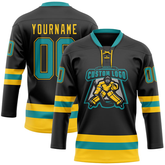 Custom Black Teal-Yellow Hockey Lace Neck Jersey - Sky-Custom