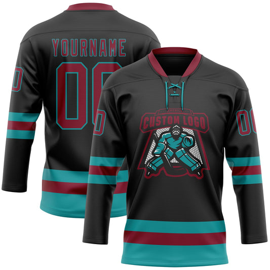Custom Black Crimson-Teal Hockey Lace Neck Jersey - Sky-Custom