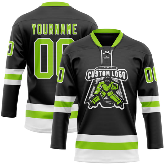 Custom Black Neon Green-White Hockey Lace Neck Jersey - Sky-Custom