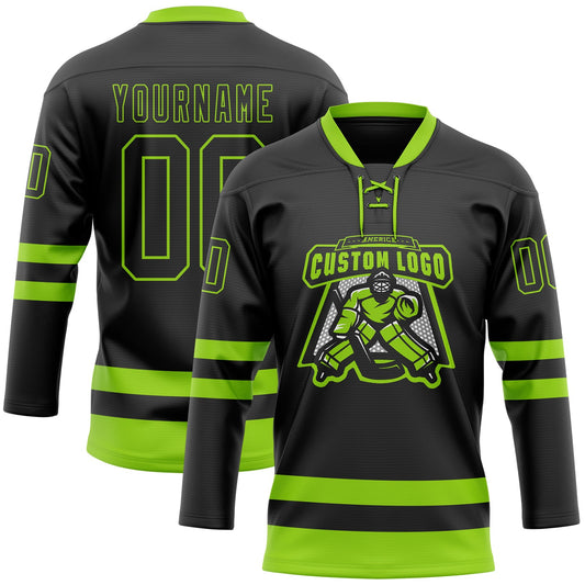Custom Black Neon Green Hockey Lace Neck Jersey - Sky-Custom
