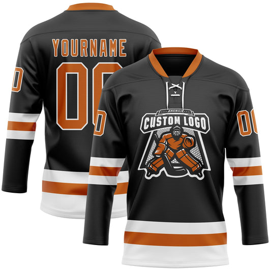Custom Black Texas Orange-White Hockey Lace Neck Jersey - Sky-Custom