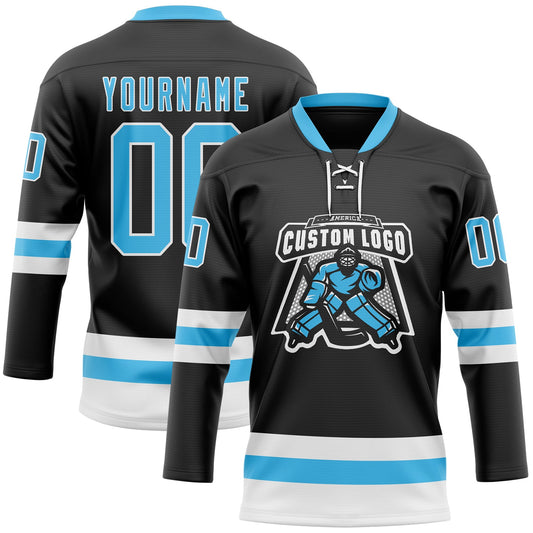 Custom Black Sky Blue-White Hockey Lace Neck Jersey - Sky-Custom
