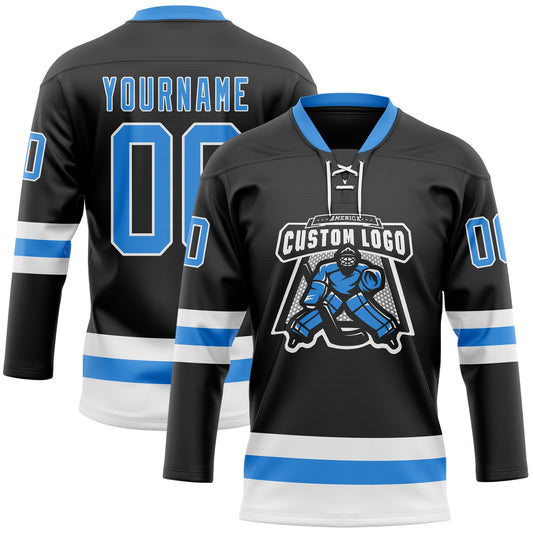 Custom Black Powder Blue-White Hockey Lace Neck Jersey - Sky-Custom
