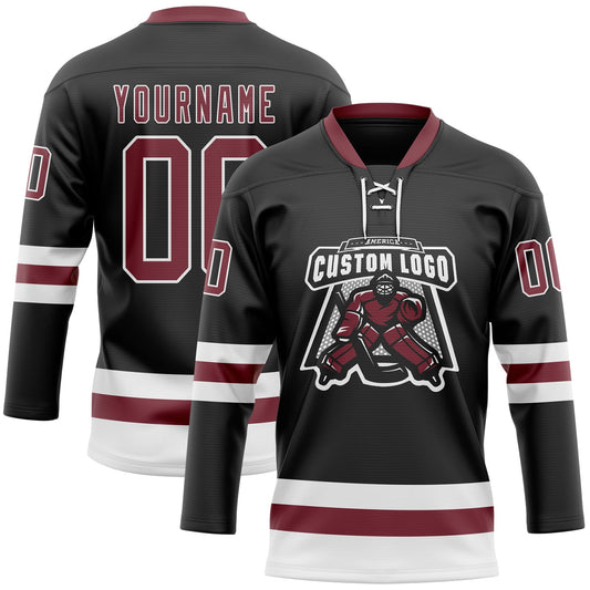 Custom Black Burgundy-White Hockey Lace Neck Jersey - Sky-Custom