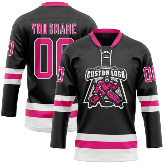Custom Black Hot Pink-White Hockey Lace Neck Jersey - Sky-Custom