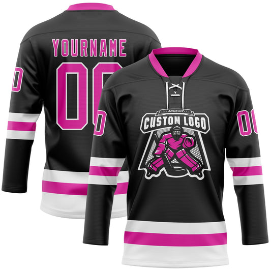 Custom Black Deep Pink-White Hockey Lace Neck Jersey - Sky-Custom